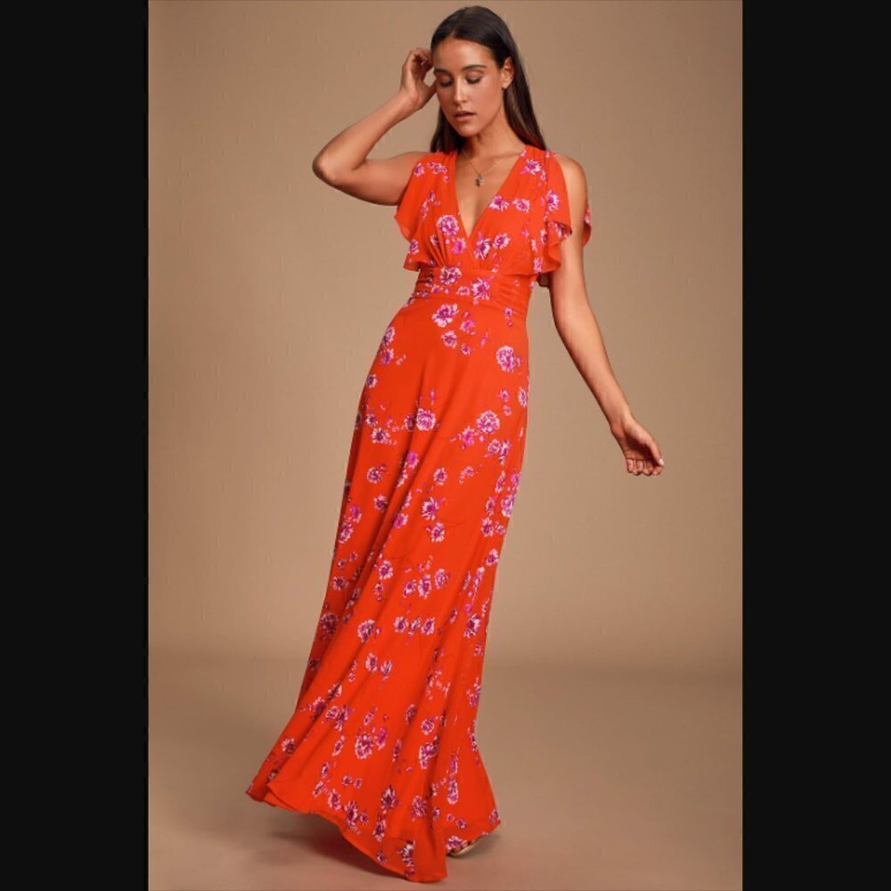 Lulu's Dearly Loved Red Floral Print Flutter Sleeve Maxi Dress